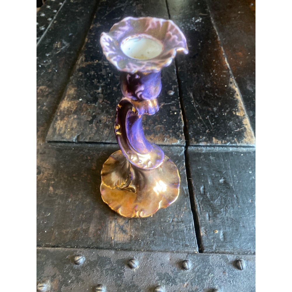 Antique T&V Limoges France Iridescent Purple Blue Porcelain Candle Holder - Rare